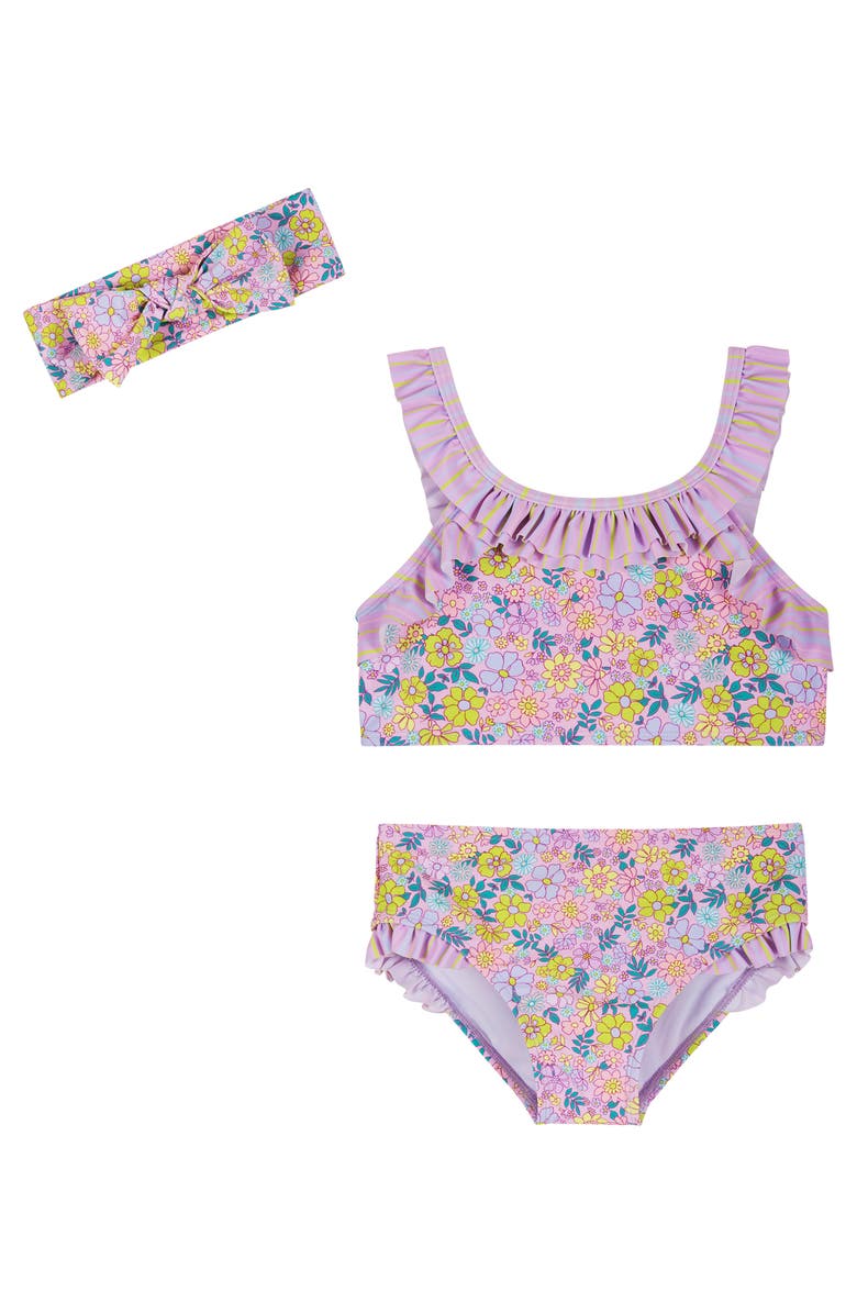 Andy & Evan Kids' Floral Ruffle Two-Piece Swimsuit & Headband Set, Main, color, Purple Bouquet