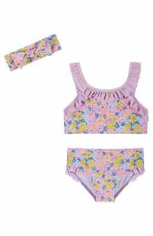Kids' Floral Ruffle Two-Piece Swimsuit & Headband Set
