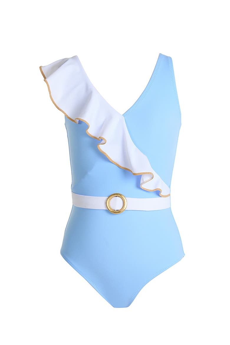 Asymmetric Ruffle Gold Piping and Ring Buckle One-Piece Swimsuit, Main, color, Blue
