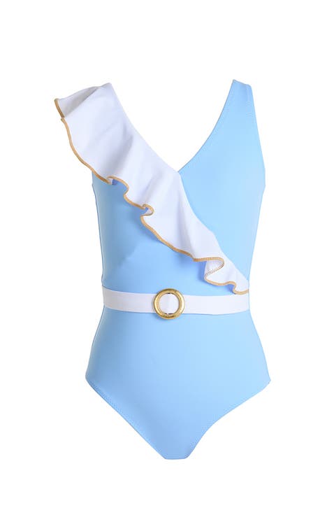 Asymmetric Ruffle Gold Piping and Ring Buckle One-Piece Swimsuit