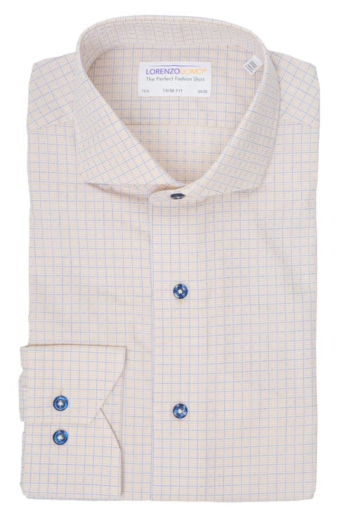 Textured Small Windowpane Trim Fit Dress Shirt