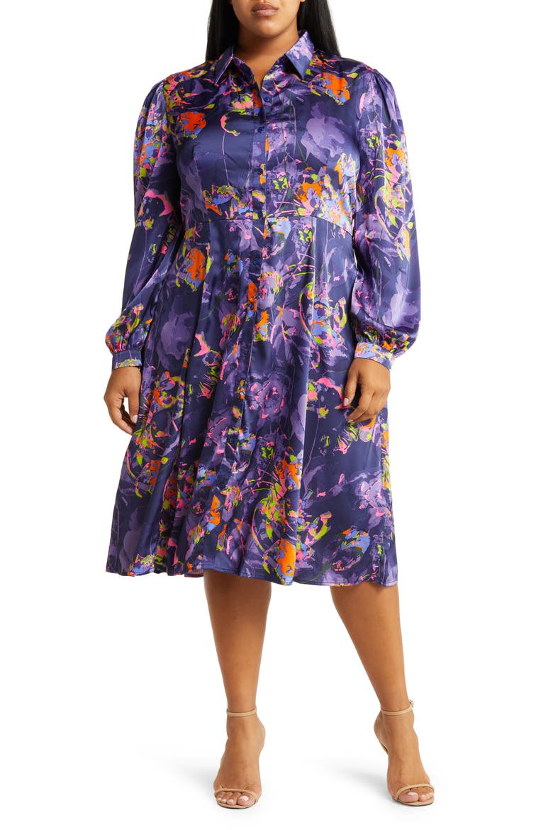 Neon Floral Long Sleeve Satin Shirtdress, Main, color, NAVY