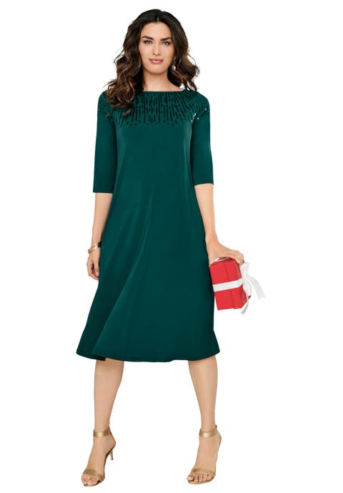 Plus Size 3/4 Sleeve Embellished Boatneck Dress (Plus)