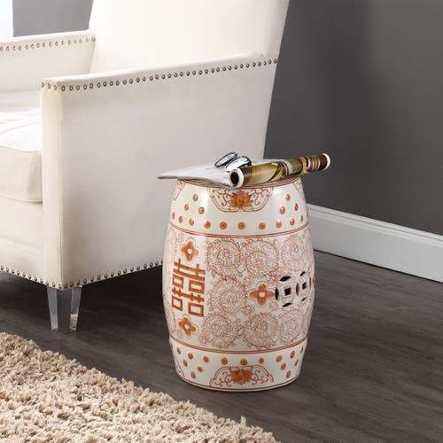 Jonathan Y Double Happiness 18" Chinoiserie Ceramic Drum Garden Stool In Orange/white
