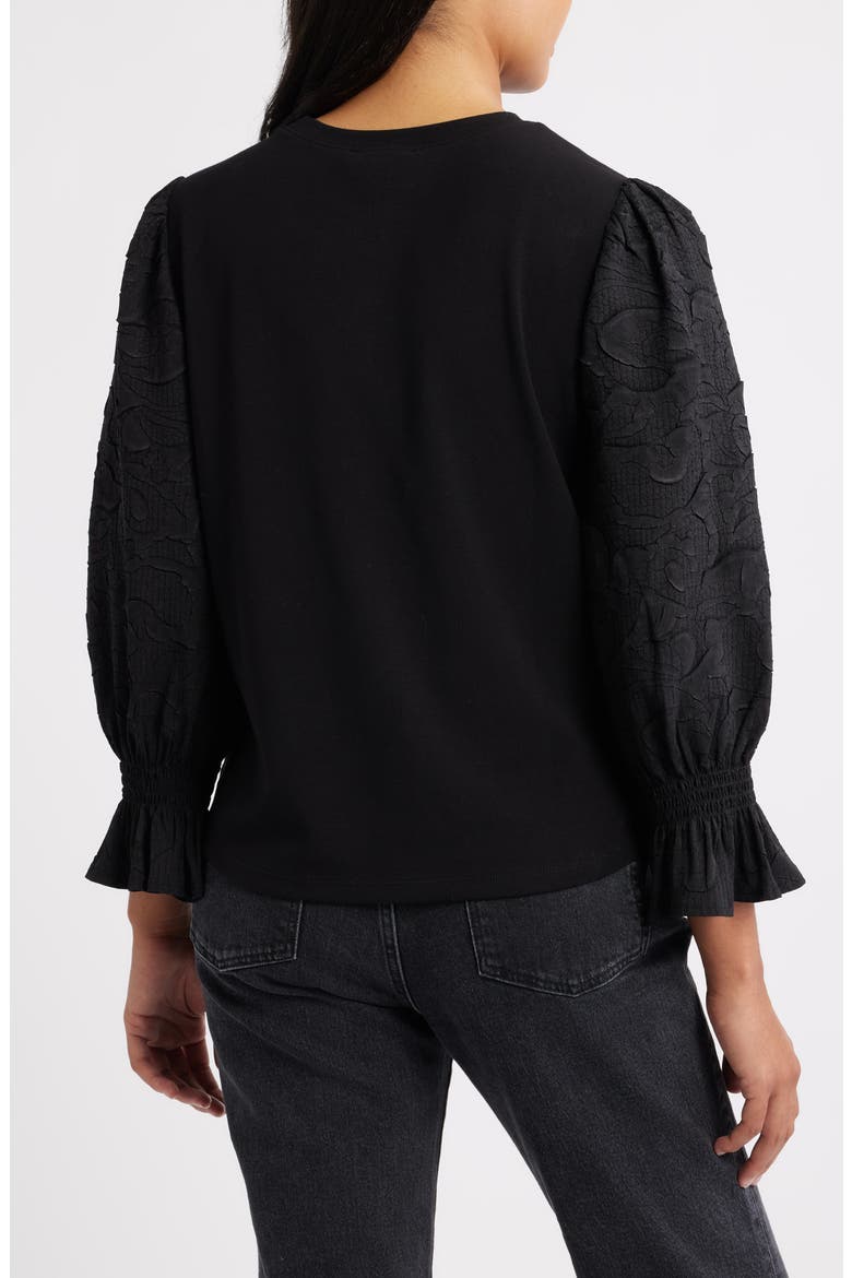 Mixed Media Smocked Sleeve Top, Alternate, color, BLACK