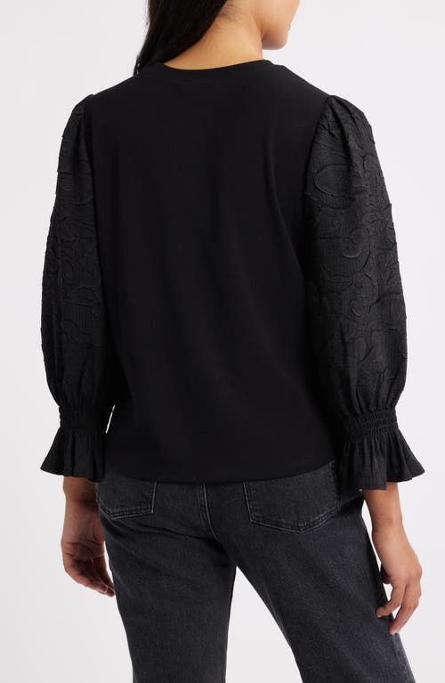 Wit & Wisdom Mixed Media Smocked Sleeve Top In Black