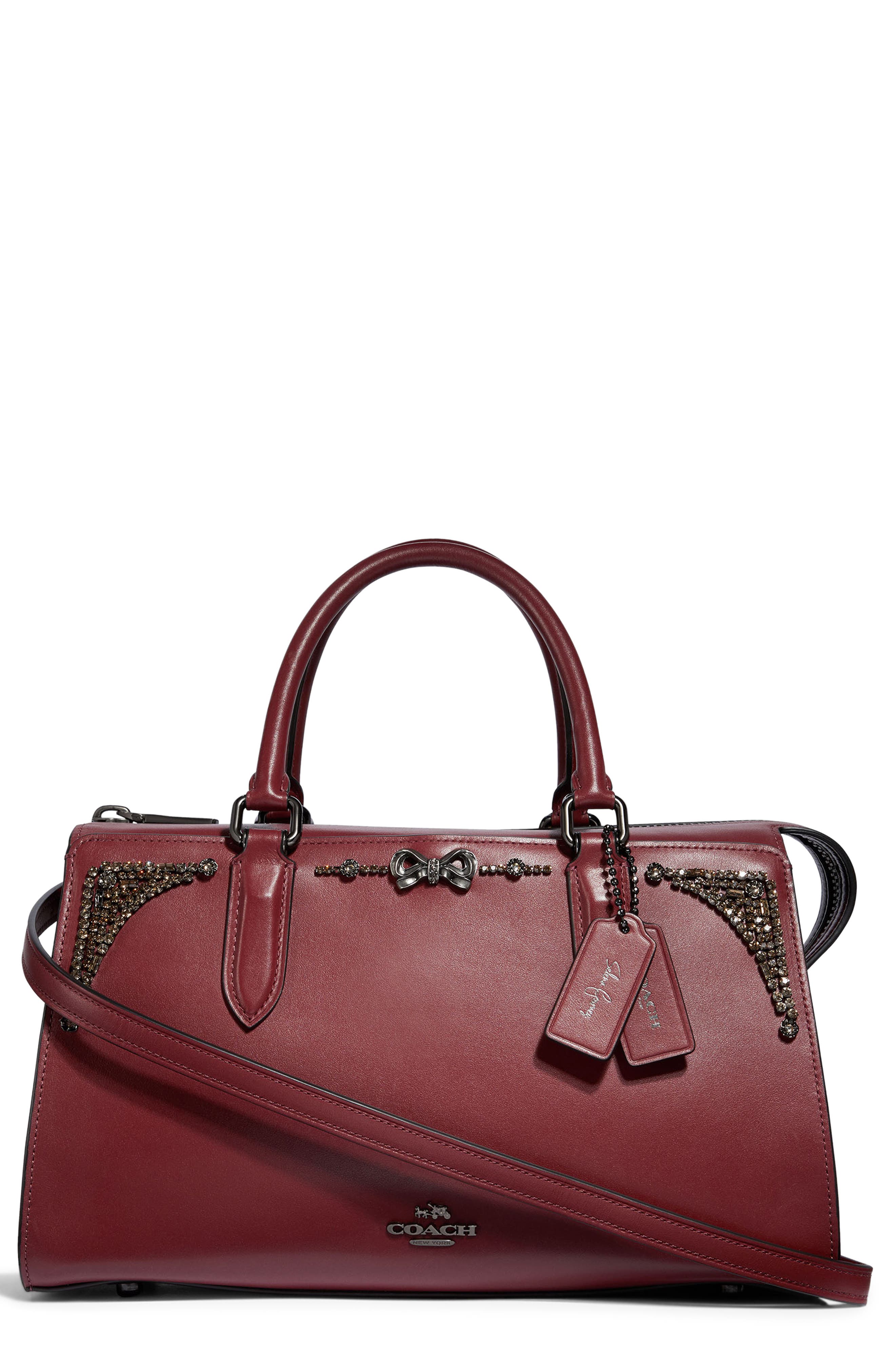 COACH x Selena Gomez Selena Bond Embellished Leather Satchel, Main, color, 