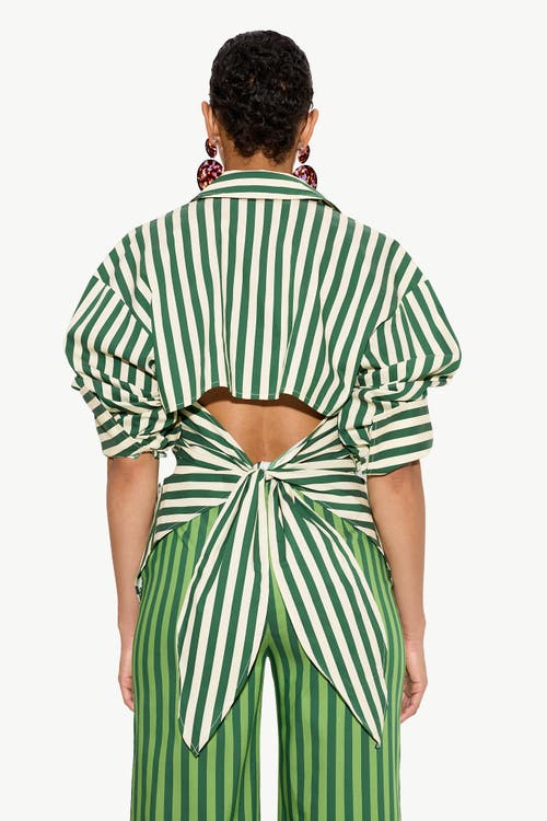 Simonmiller Loch Cutout Tie-back Striped Poplin Shirt In Gummy Green/ecru Stripe