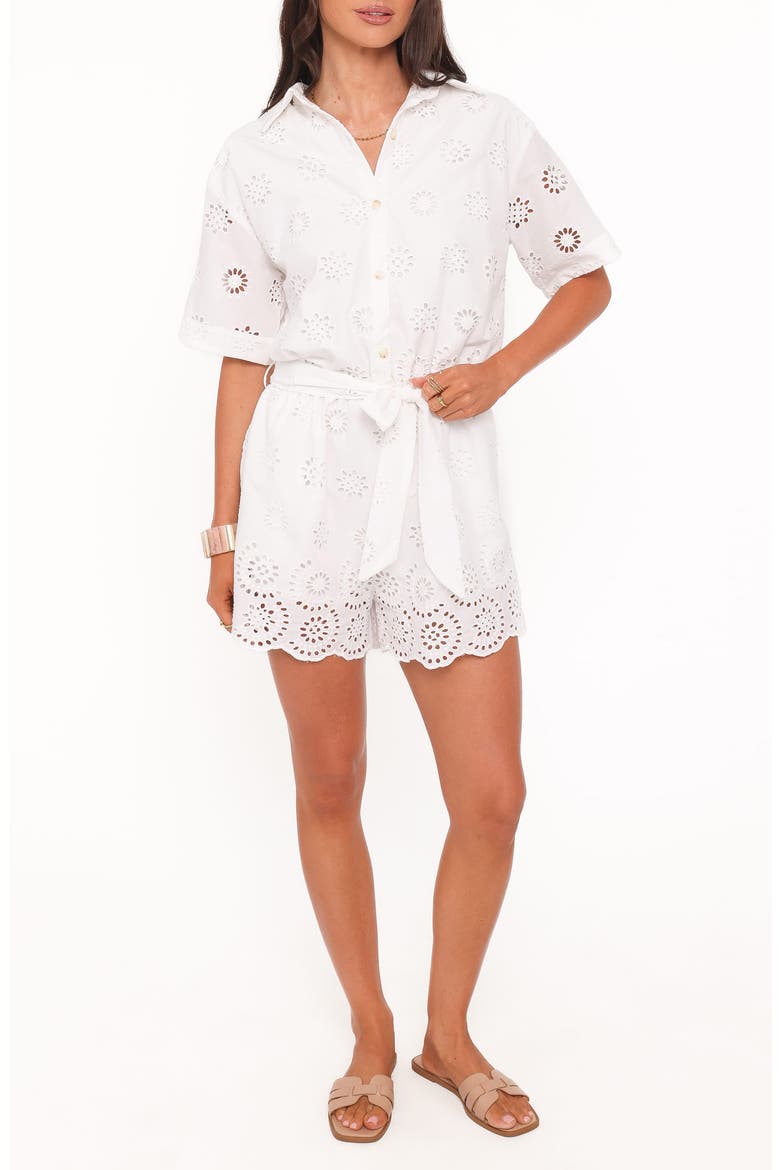 Jamie Tie Front Cotton Romper, Main, color, WHITE BRODERIE