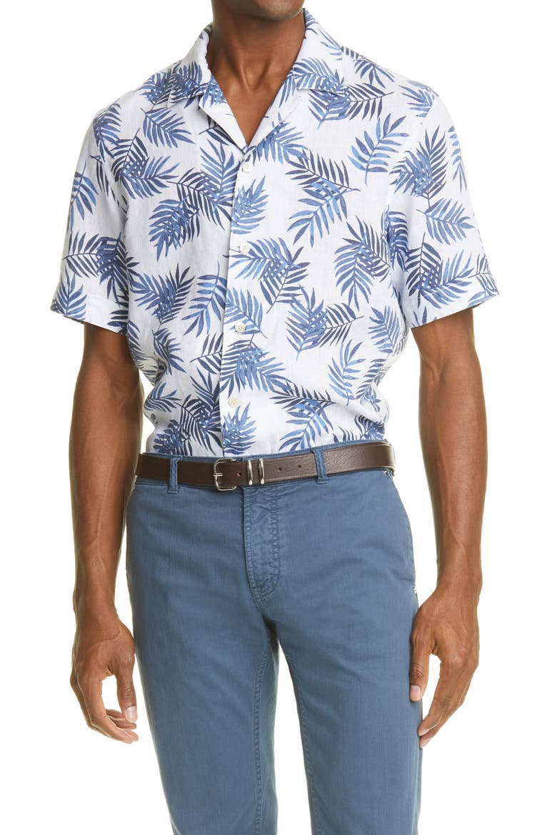 Palm Leaf Short Sleeve Linen Button-Up Shirt, Main, color, BLUE