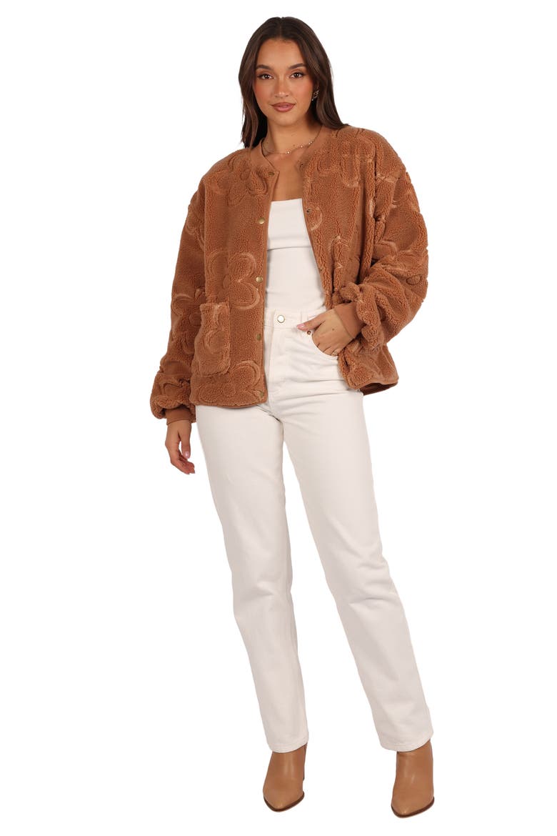 Lasky Flower Pattern Fleece Jacket, Alternate, color, CAMEL
