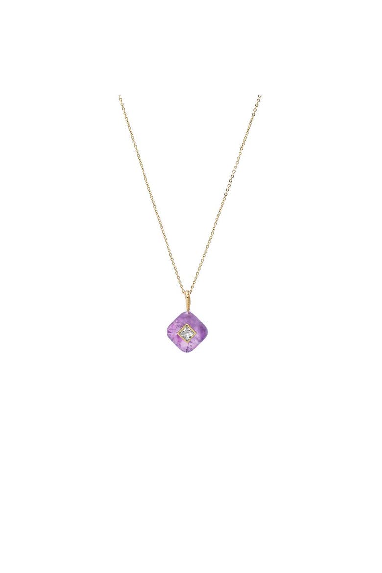 CZ Square Bezeled Natural Stone Pendant Necklace, Main, color, Amethyst