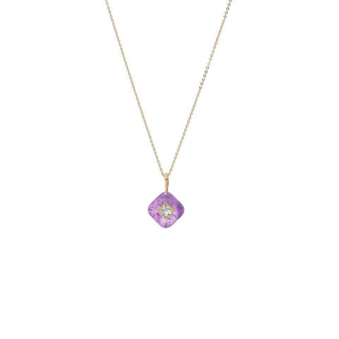 CZ Square Bezeled Natural Stone Pendant Necklace