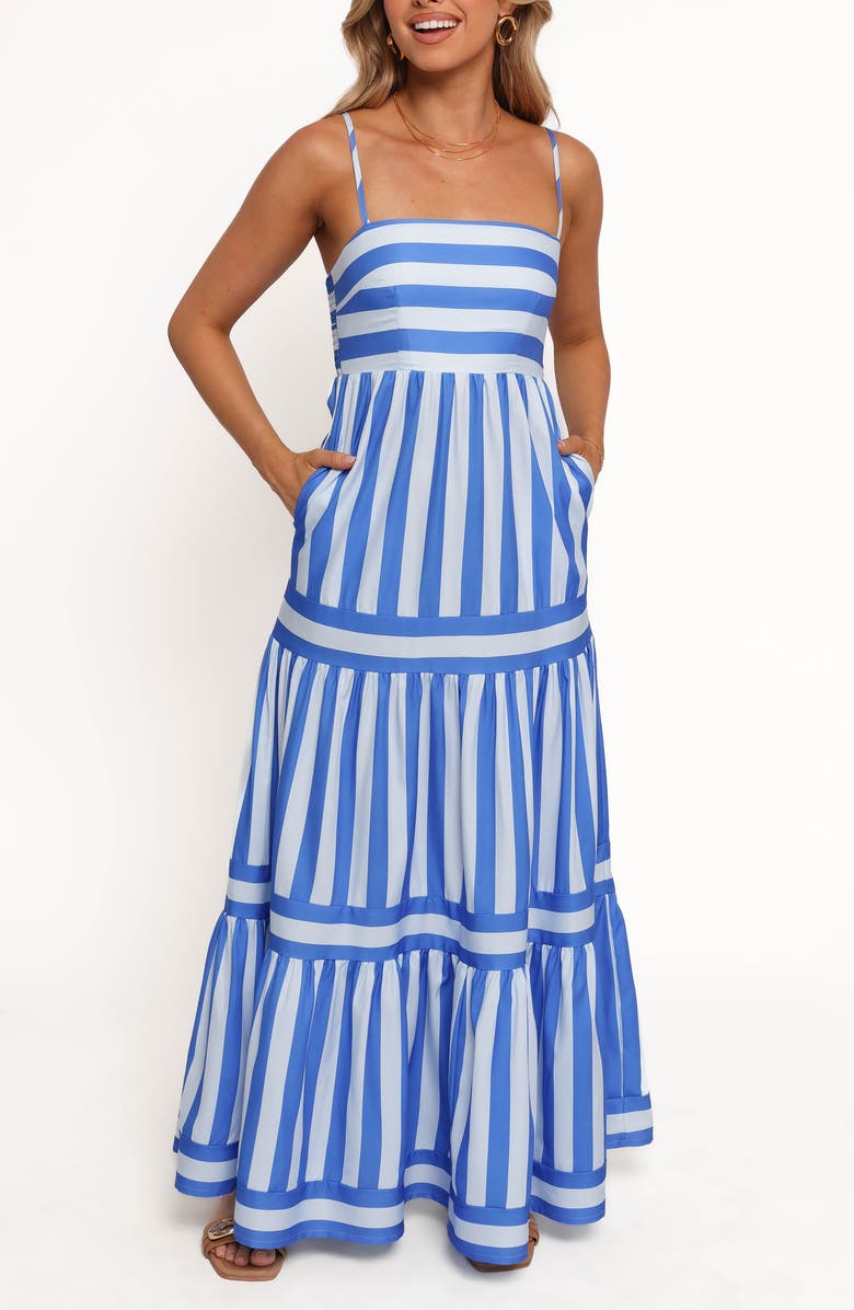Petal & Pup Emry Stripe Tiered Maxi Dress, Main, color, Blue Stripe
