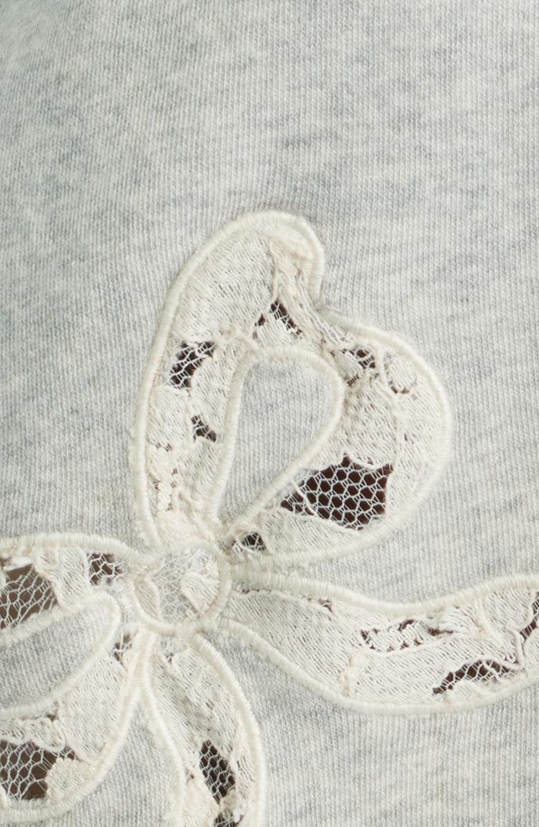 LoveShackFancy Linetta Lace Bow Inset Cotton Blend Sweatshirt, Alternate, color, Heather Grey