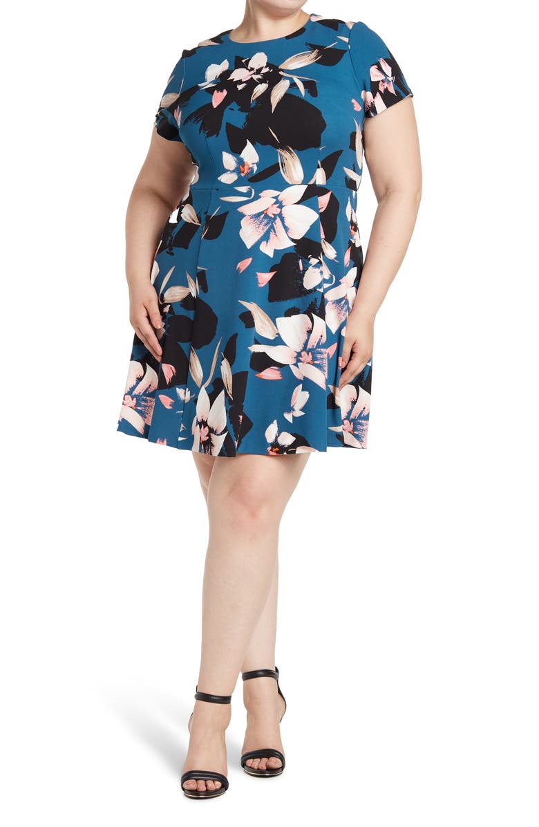 Vince Camuto Floral Cap Sleeve Fit & Flare Dress, Main, color, 