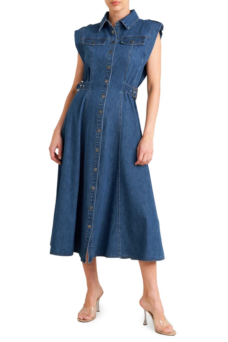 Buckle Tab Denim Fit & Flare Midi Dress, Main, color, DENIM