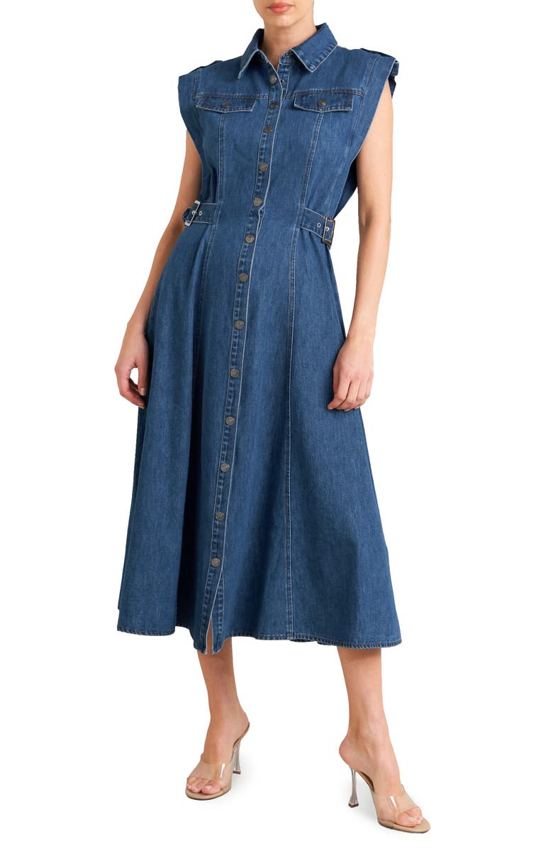 FREEMARKET Buckle Tab Denim Fit & Flare Midi Dress, Main, color, Denim