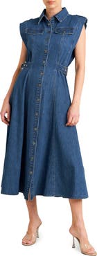 FREEMARKET Buckle Tab Denim Fit & Flare Midi Dress