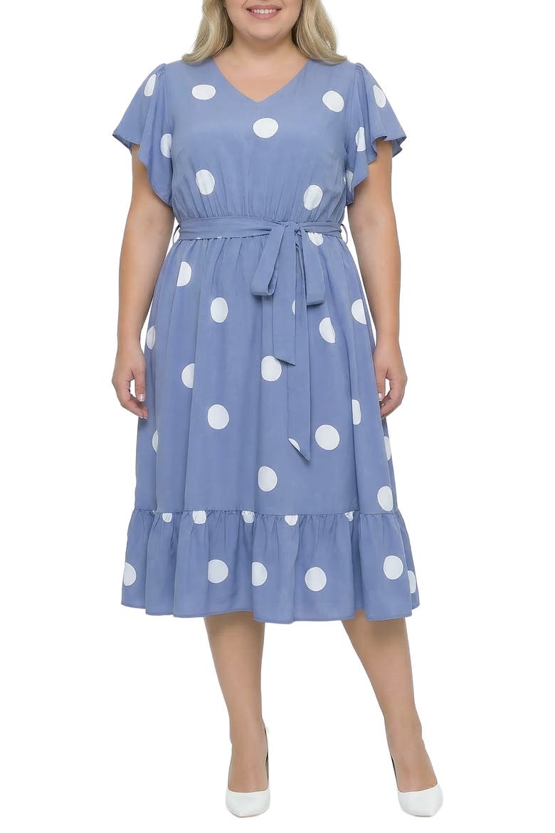 Polka Dot Belted Midi Dress, Main, color, BLUE