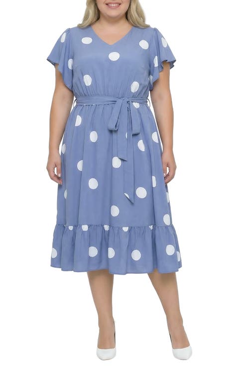 Polka Dot Belted Midi Dress (Plus)