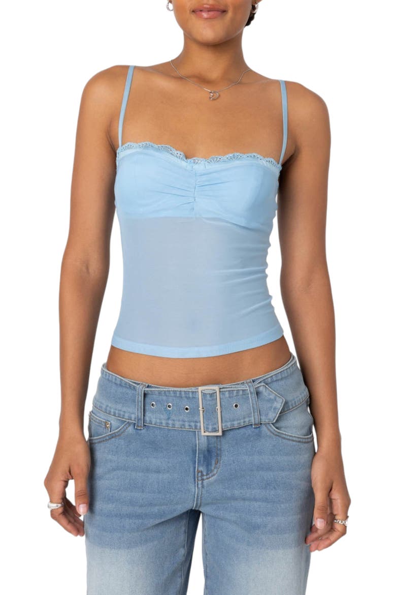 Elina Lace Trim Mesh Camisole, Main, color, LIGHT-BLUE