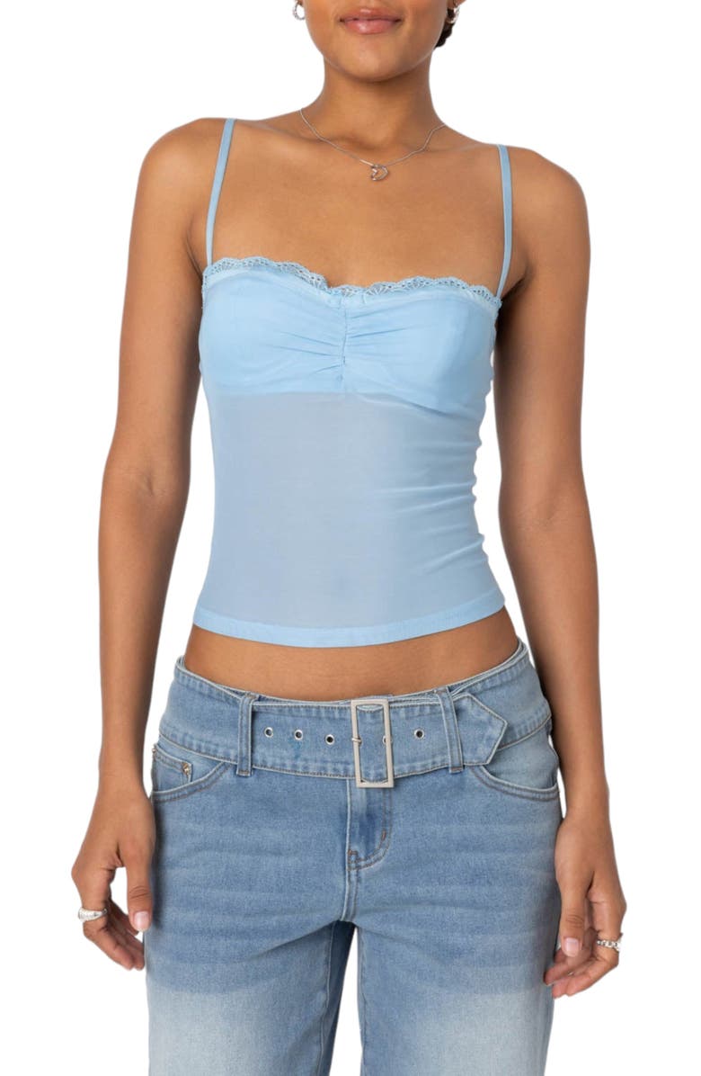 EDIKTED Elina Lace Trim Mesh Camisole, Main, color, Light-Blue