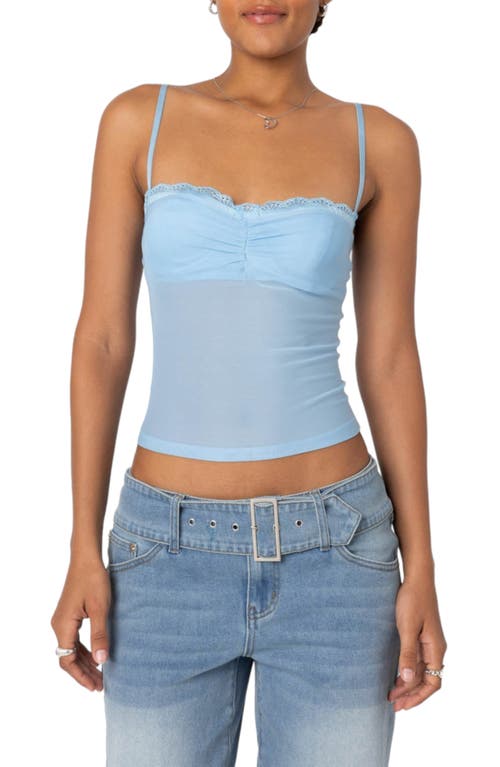 EDIKTED Elina Lace Trim Mesh Camisole in Light-Blue at Nordstrom, Size Small