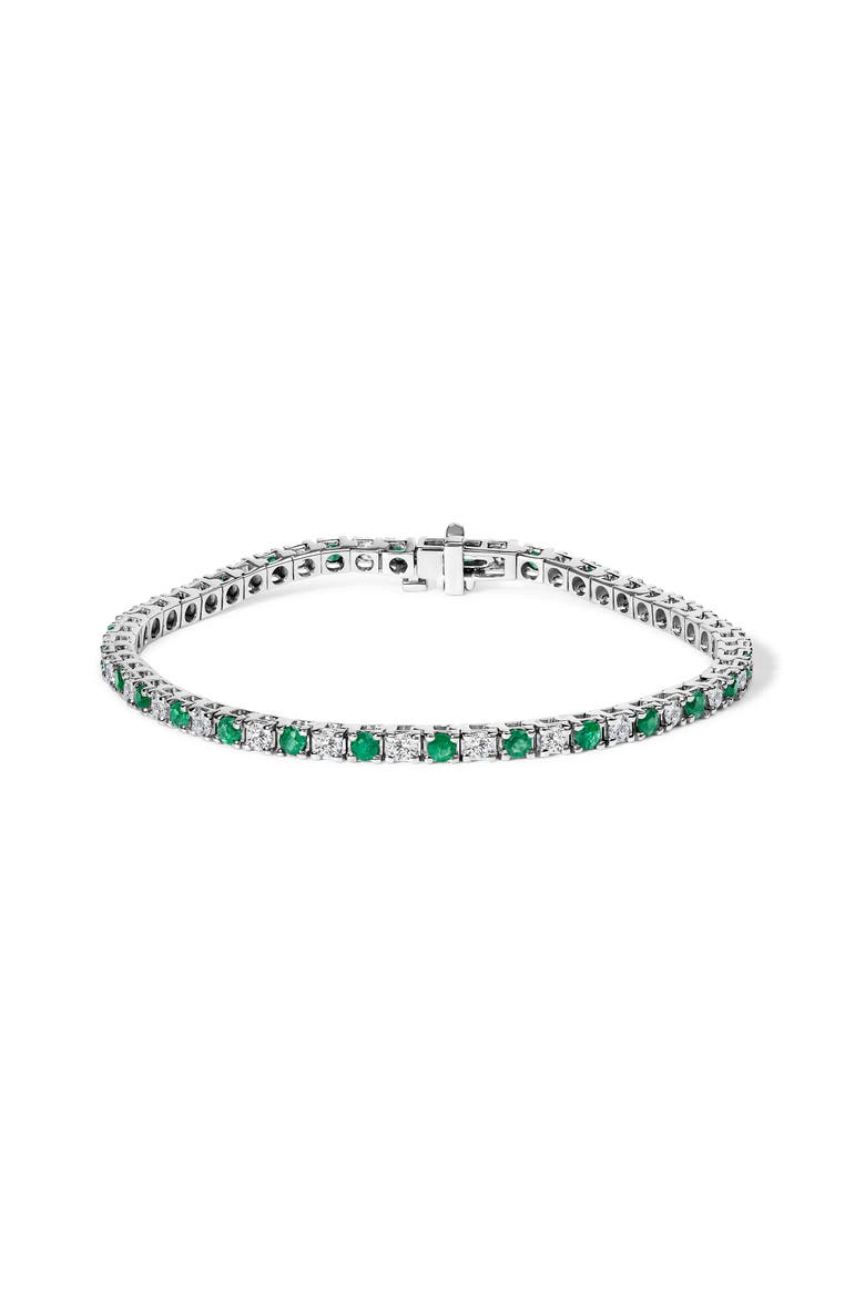 14K White Gold Alternating 1 1/2 Cttw Diamond and Emerald Tennis Bracelet, Main, color, White