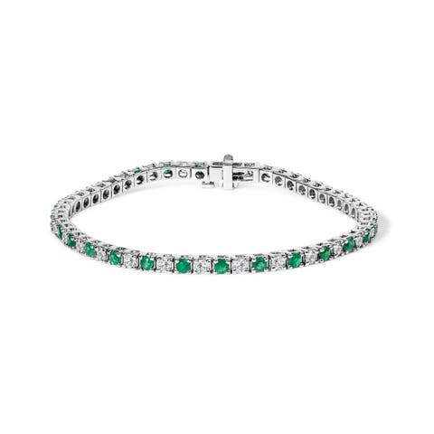 14K White Gold Alternating 1 1/2 Cttw Diamond and Emerald Tennis Bracelet