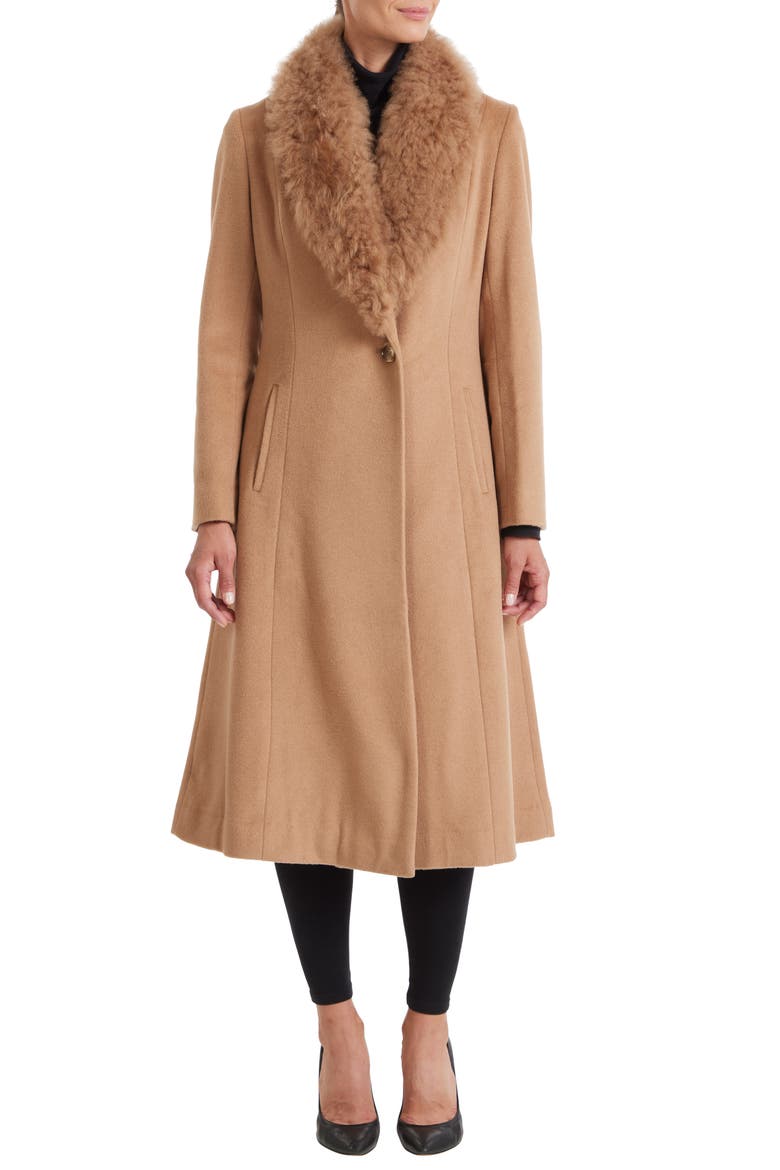 Toscana Genuine Dyed Lamb Shearling Collar Wool Blend Coat, Main, color, CAMEL