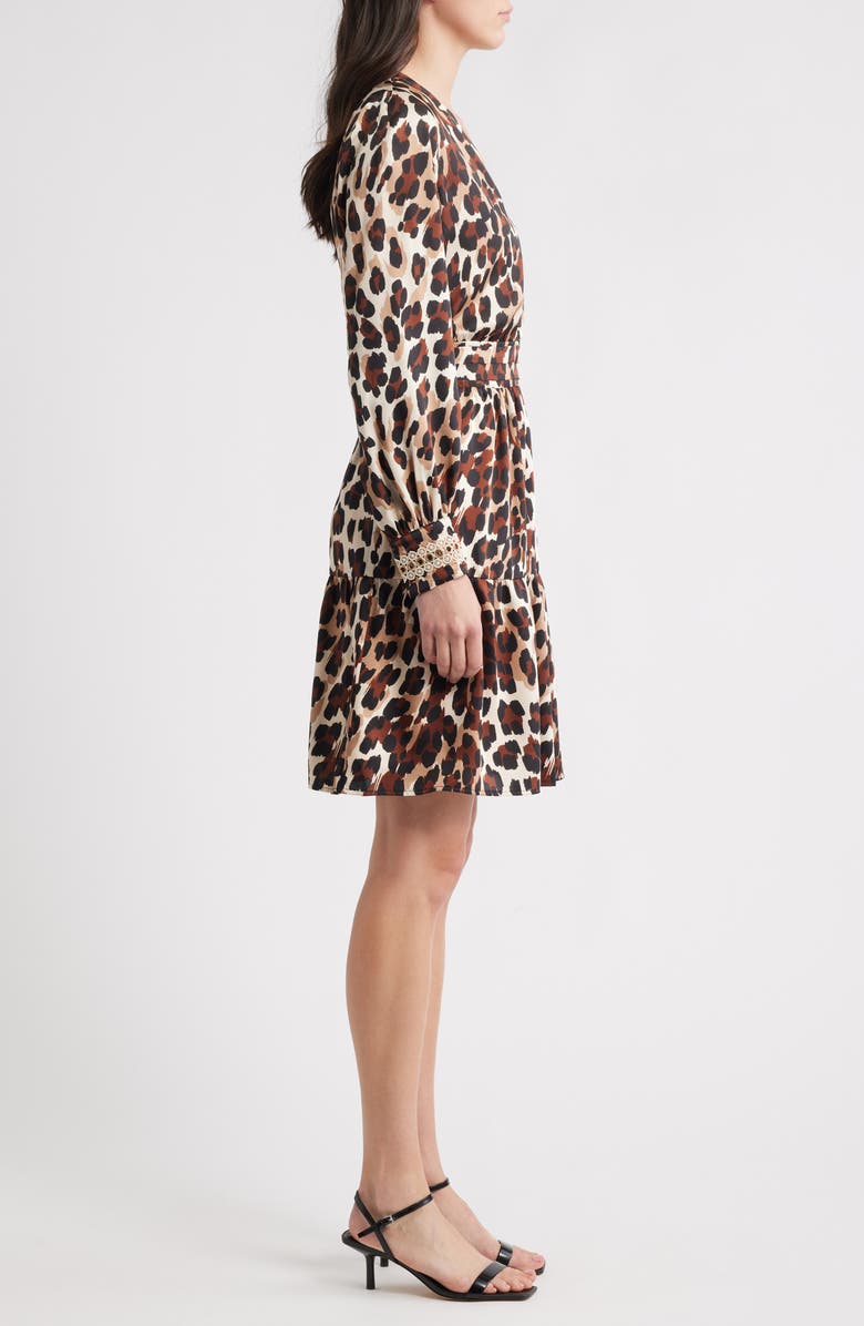 Anne Klein Long Sleeve Leopard Print Minidress, Alternate, color, Ivory Shell Multi