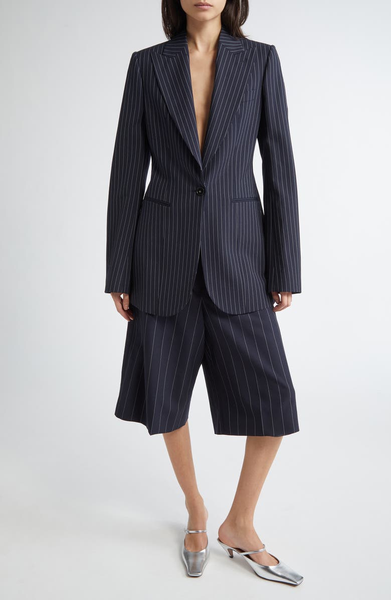 Stella McCartney Pinstripe Wool One-Button Blazer, Alternate, color, Ink