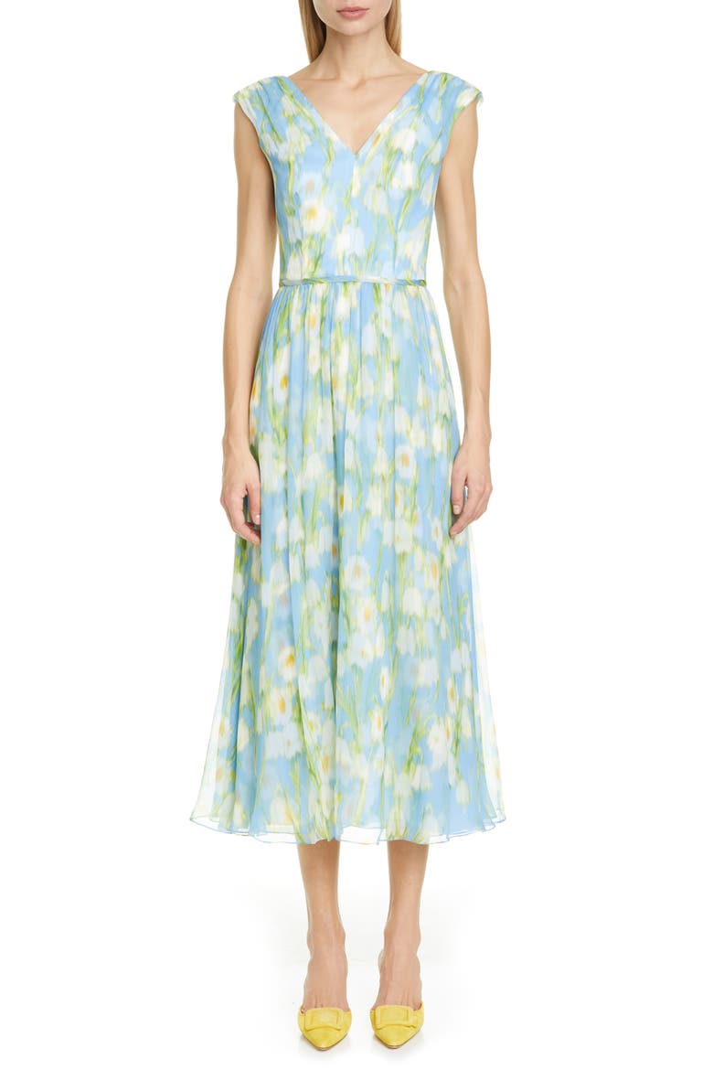 Floral Print V-Neck Silk Midi Dress, Main, color, CIELO MULTI