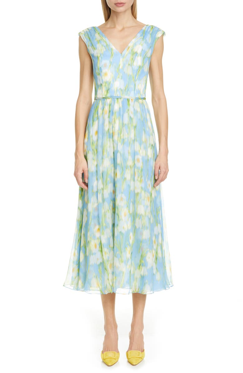 Carolina Herrera Floral Print V-Neck Silk Midi Dress, Main, color, 