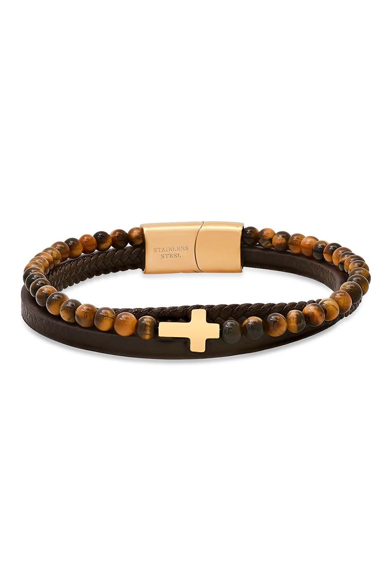 Men's Leather & Stone Beaded Layered Bracelet, Main, color, BROWN/ BLACK