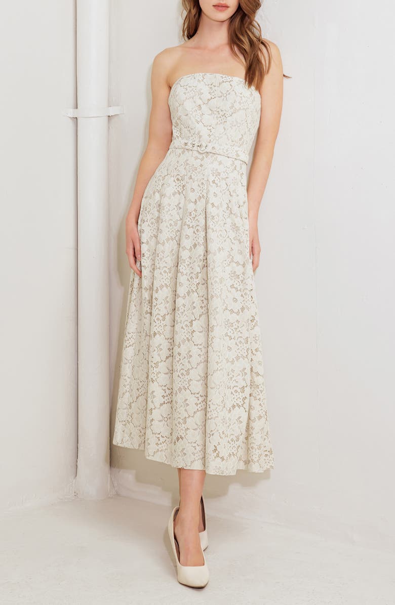 FREEMARKET Strapless Belted Cotton Blend Lace Cocktail Dress, Alternate, color, Ivory