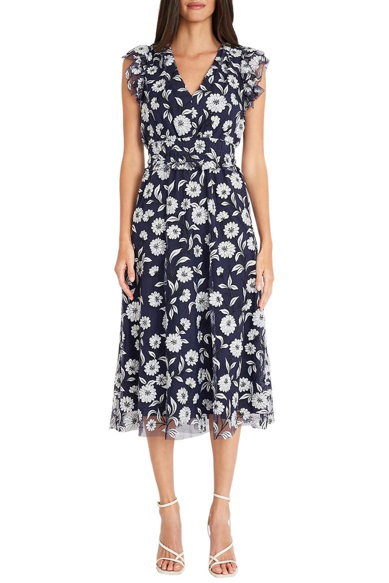 Floral Mesh Overlay Dress, Main, color, NAVY/ BLACK/ WHITE