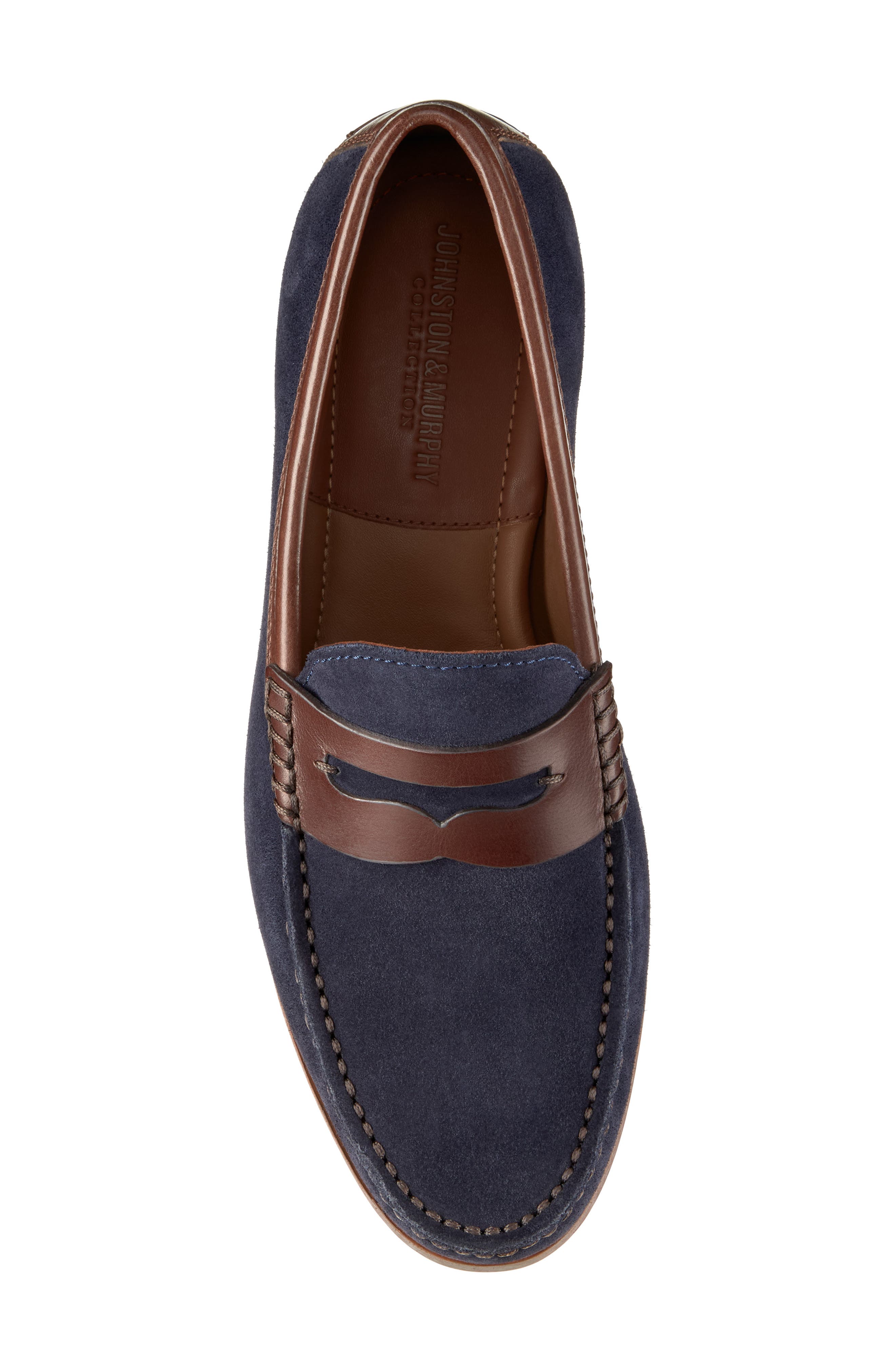 Baldwin Penny Loafer, Alternate, color, NAVY WAXED ENGLISH SUEDE/BROWN FULL GRAIN
