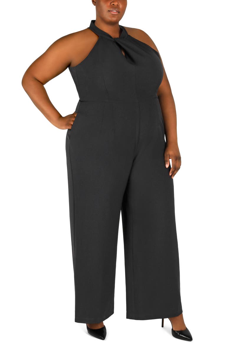Sleeveless Twisted Halter Wide Leg Jumpsuit, Alternate, color, BLACK