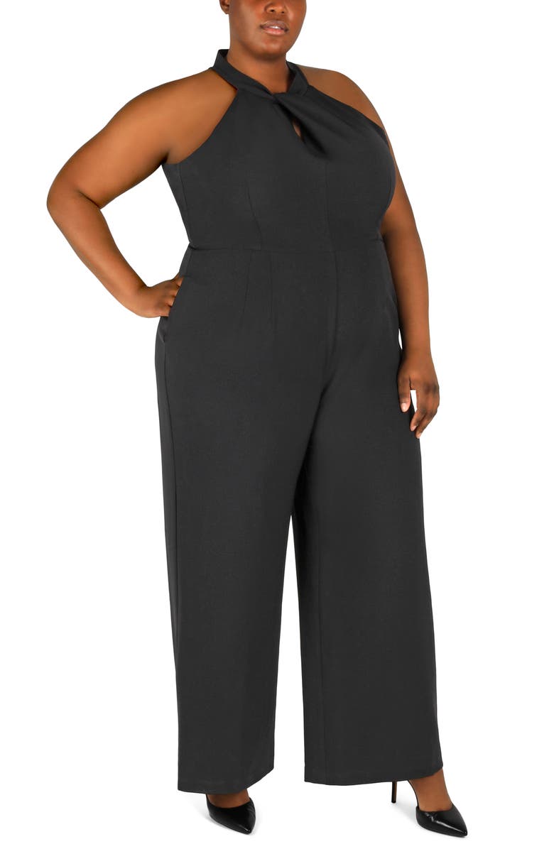 Julia Jordan Sleeveless Twisted Halter Wide Leg Jumpsuit, Alternate, color, Black