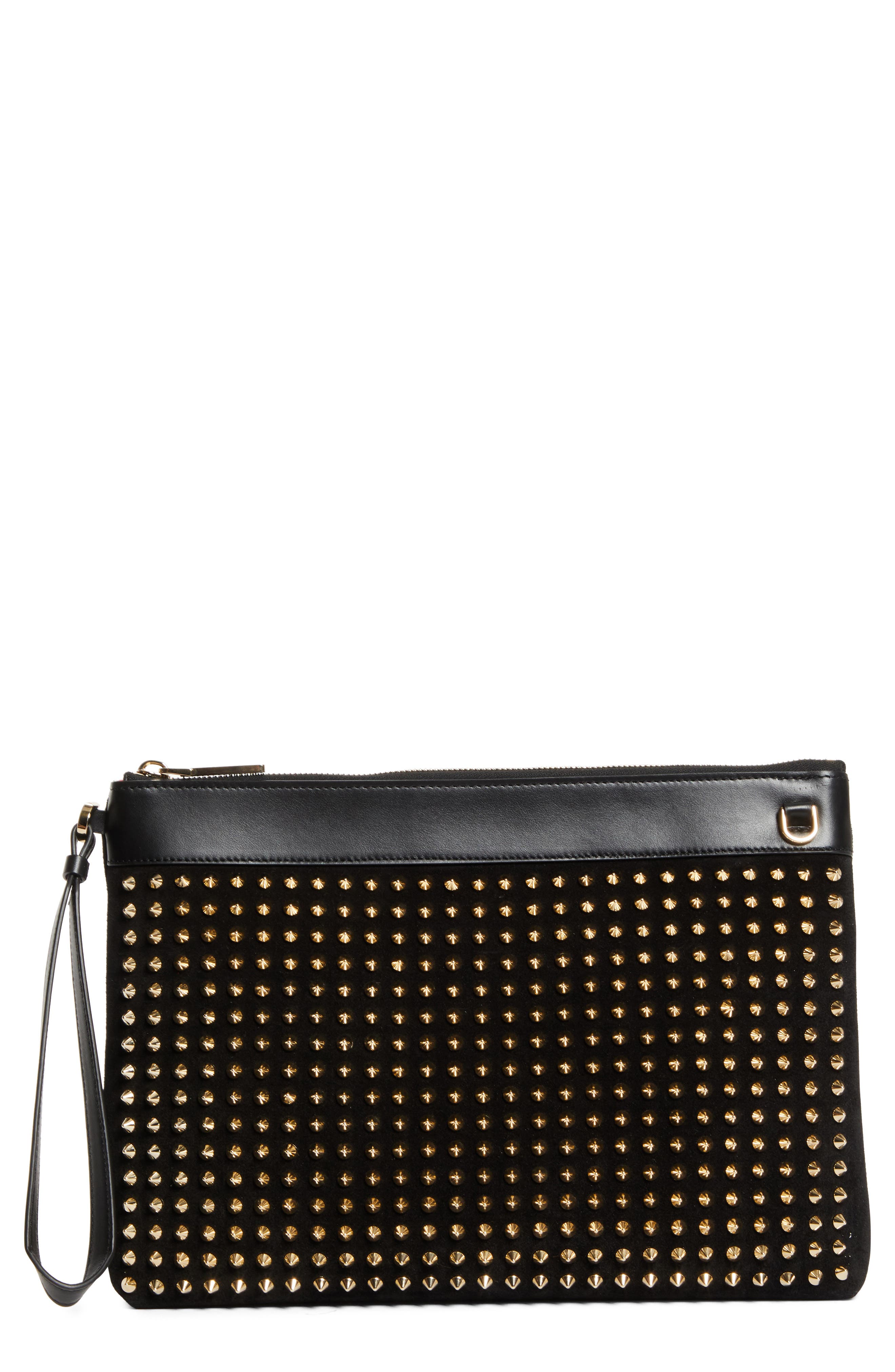 Christian Louboutin Funky Crosta Spikes Suede Wristlet, Main, color, Black