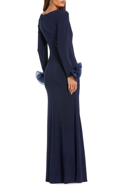 Mac Duggal Long Sleeve Fitted Jersey With 3d Flowers Gown In Navy