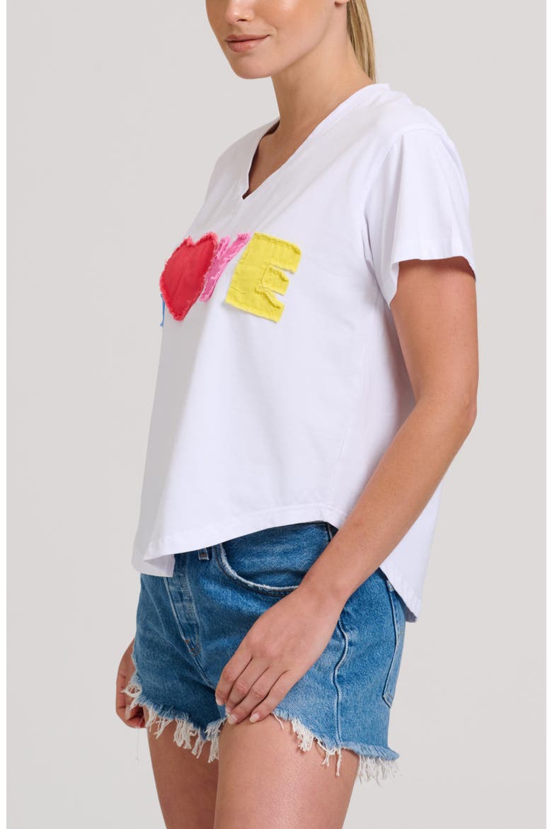 Raw Edge Appliqué V-Neck Cotton Blend T-Shirt, Alternate, color, WHITE MULTI