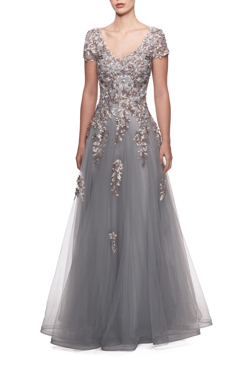 Embroidered & Beaded Ballgown, Main, color, GRAY