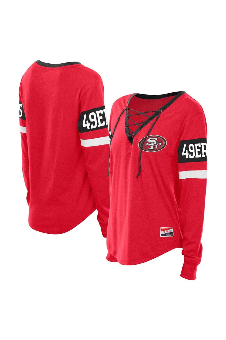 Women's New Era Scarlet San Francisco 49ers Plus Size Throwback Lace-Up Long Sleeve T-Shirt, Main, color, Scarlet