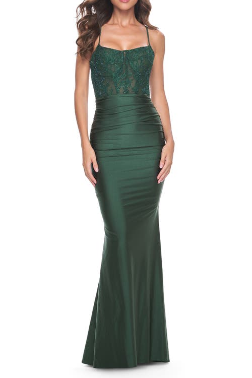 La Femme Ruched Jersey Dress With Illusion Corset Lace Top In Dark Emerald