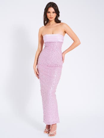 Lainey Satin Strapless Party Sequin Pearl Beaded Maxi Dress