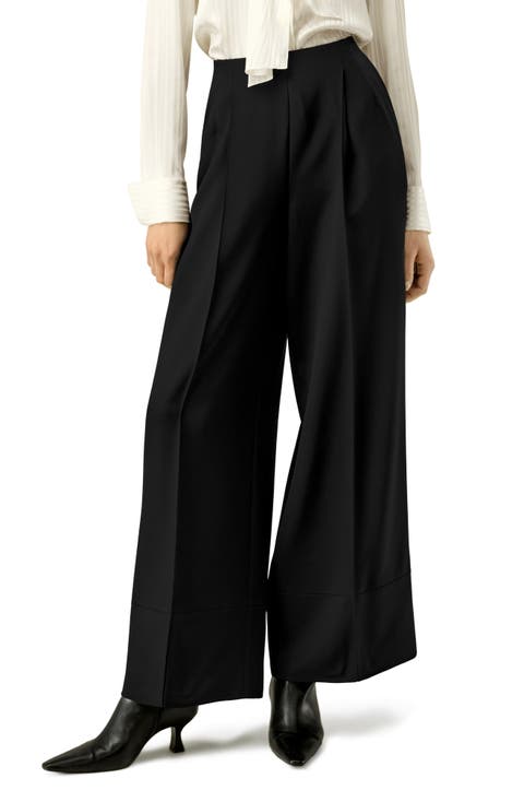 Silk-Wool Pleated Wide-Leg Trousers