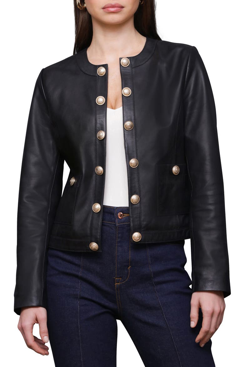 Genuine Leather Collarless Lady Jacket, Main, color, BLACK
